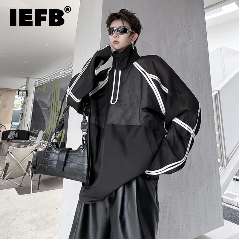 

IEFB Summer Fashion Niche Design Casual Mesh Jacket Male Tide Contrast Color Sunscreen Clothing 2023 New Men's Pullover 9A8798