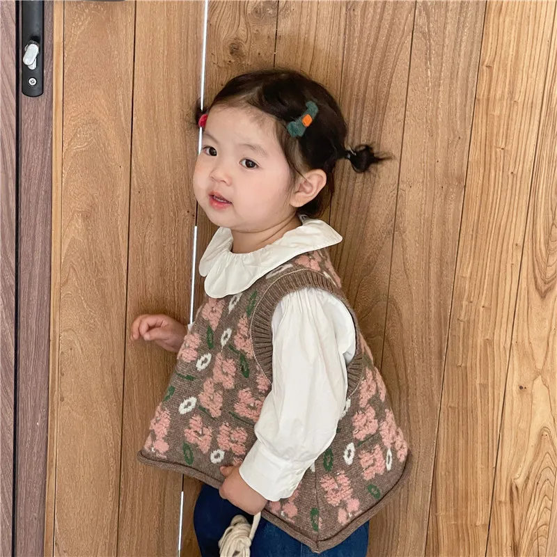 

5092C Children Clothes Girl's Knitted Vest 2023 Spring Autumn Fashion Retro Girls's Vest Three-dimensional Flower Waistcoat
