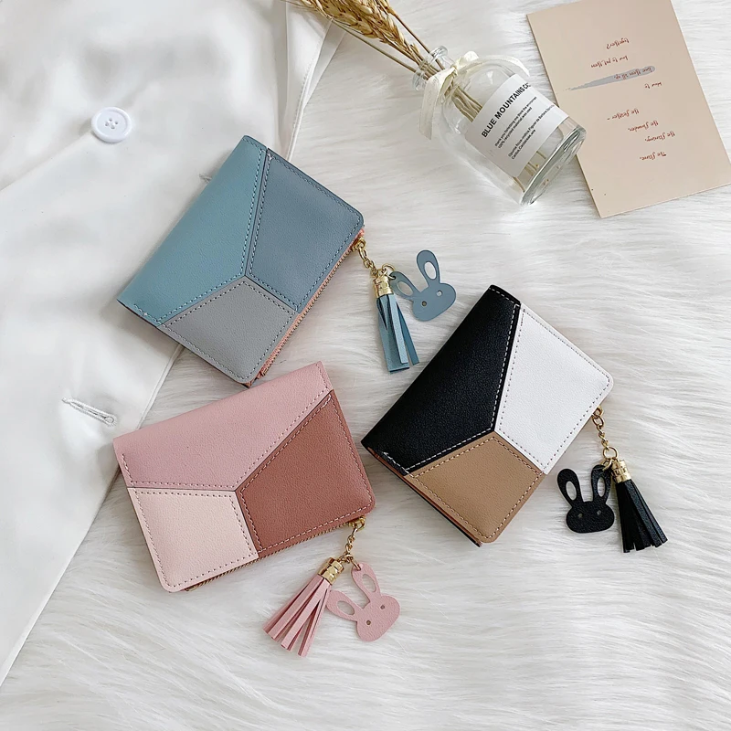 

Women's Short Tassel Wallet 2022 New Patchwork PU Leather Fashion Luxury Square Women Wallet Femme Casual Simple Short Purses