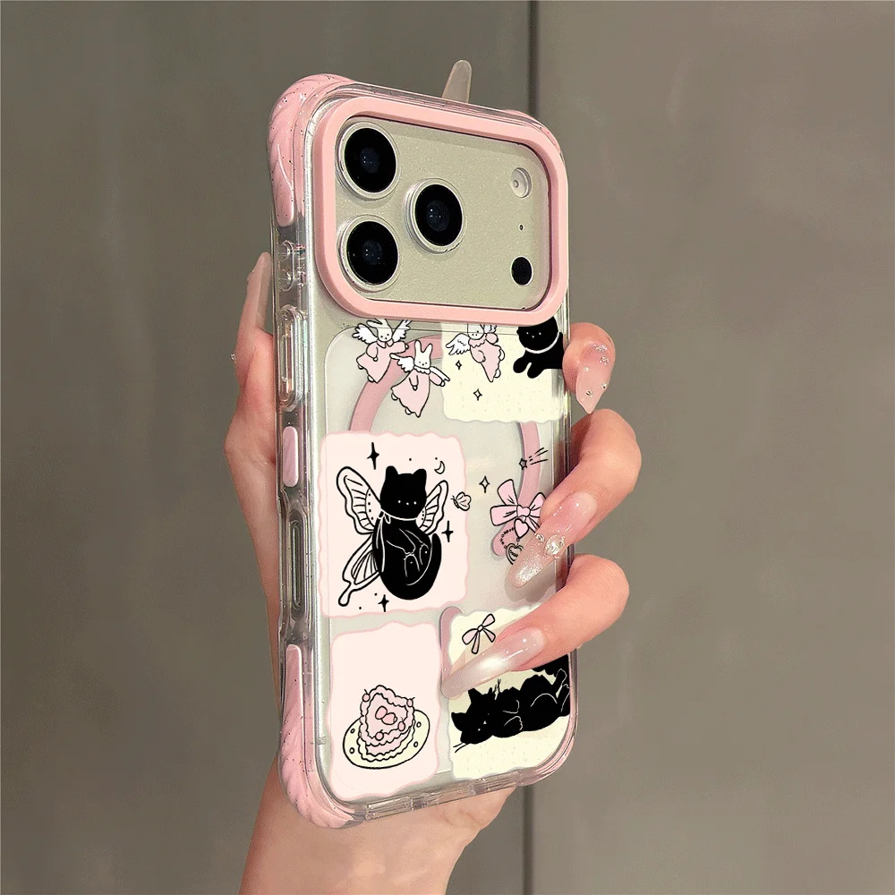 Чехол для iPhone 17 16 15 14 Pro Max, прозрачный, из поликарбоната, с поддержкой беспроводной зарядки, магнитный, с дизайном «Корейская черная кошка с бантом», для iPhone 17 Pro (art.: 3920dc3ceced9) - 3920dc3ceced9