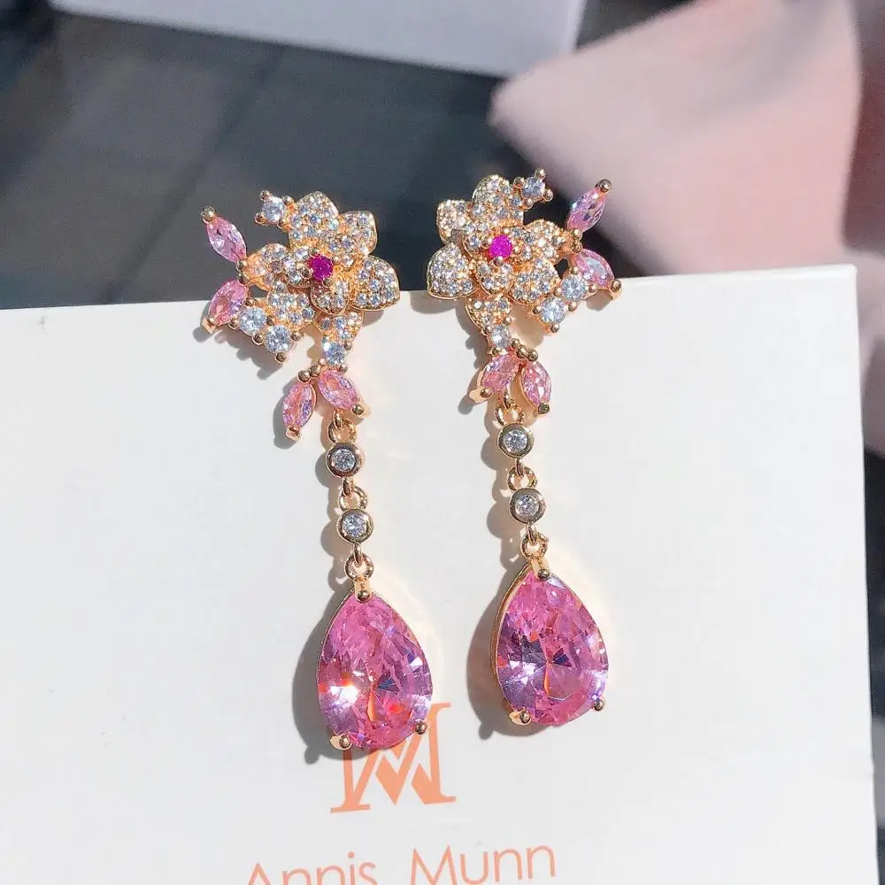 HOYON Flower Earrings Three-Dimensional Rose Pink Drop-Shaped Gemstone Earrings Crystal Long Earrings S925 Silver Color Jewelry