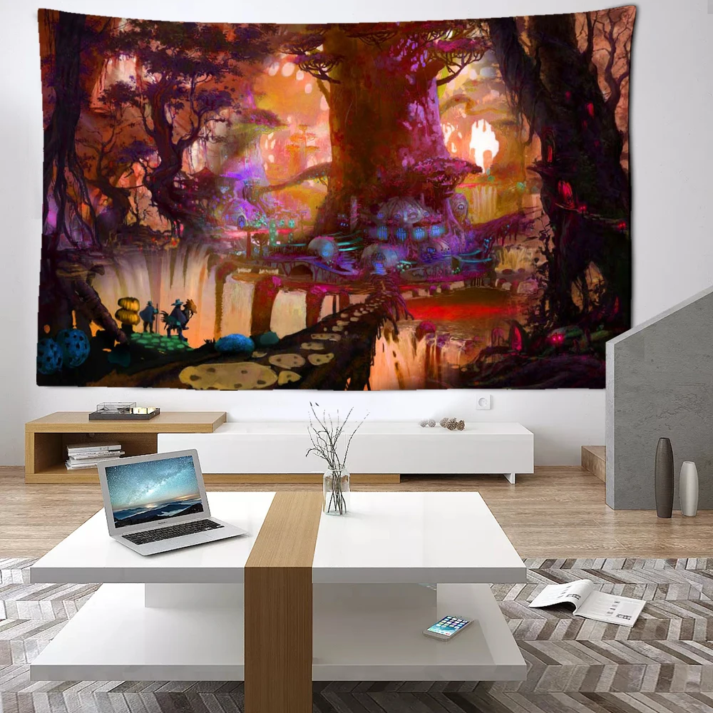 

Red Misty Forest Tapestry Wall Hanging Bohemian Psychedelic Witchcraft Tropical Landscape Aesthetics Room Home Decor