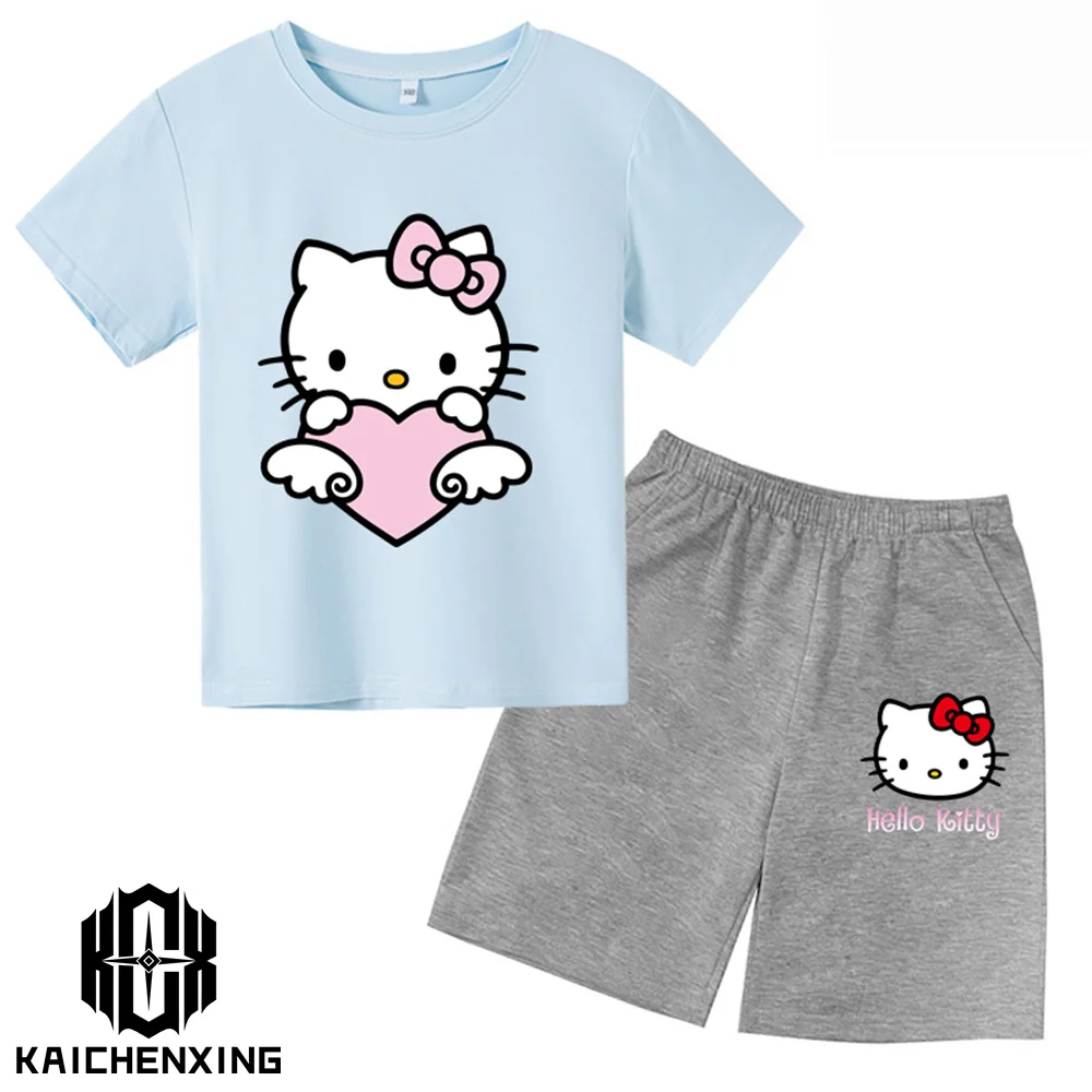 

Футболка с рисунком Hello Kitty для детей, модная женская Повседневная летняя футболка с коротким рукавом для маленьких мальчиков