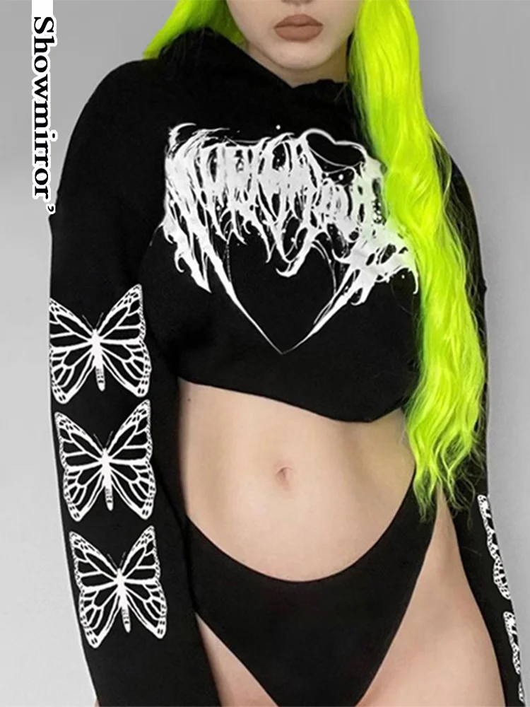 

ShowmirrorGothic Cropped Hoodies Women Butterfly Print Kawaii Pullovers Korean Fashion Long Sleeve Sweatshirts Autumn
