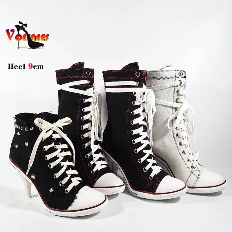 Женские короткие ботинки джинсовые ботильоны с шипами туфли-лодочки на высоком