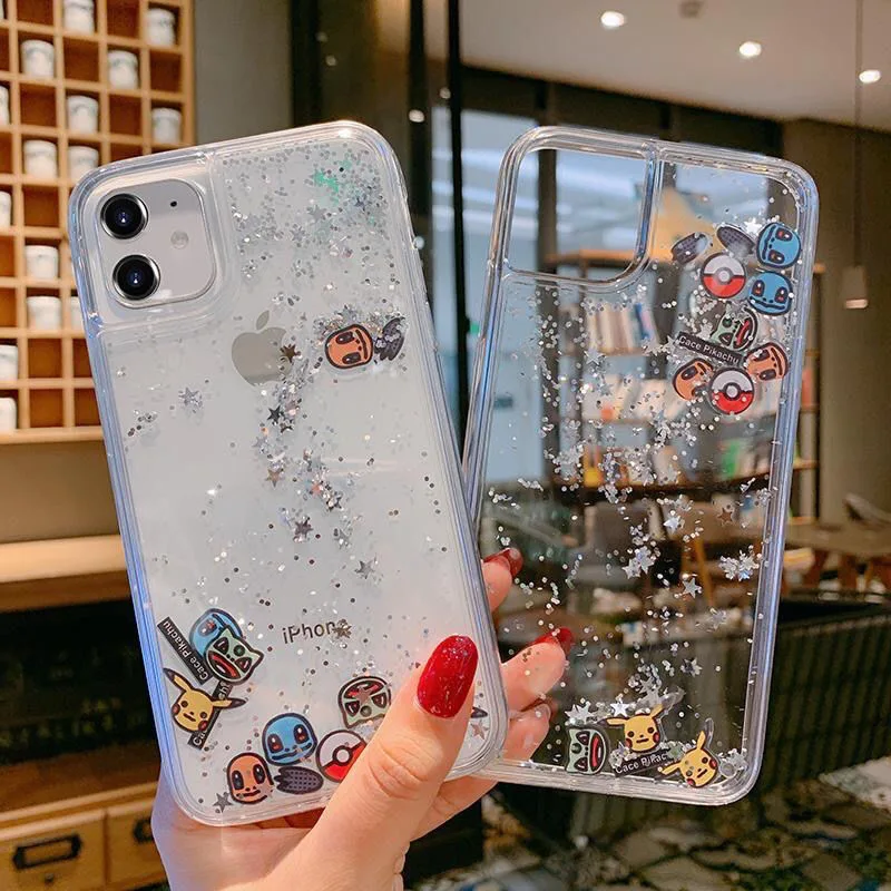 

Pokemons Pikachus Sailor Moon Quicksand Phone Cases For iPhone 13 12 11 Pro Max Mini XR XS MAX Back Cover