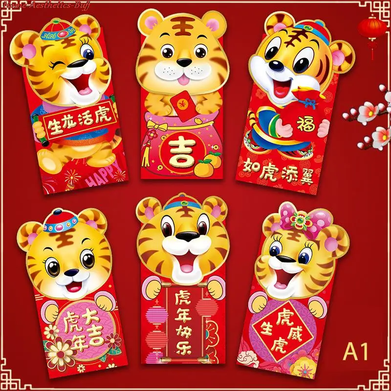 

6pcs Chinese New Year Red Envelope Red Packet for Lucky Money 2022 Year Of The Tigers Traditional Zodiac Hongbao