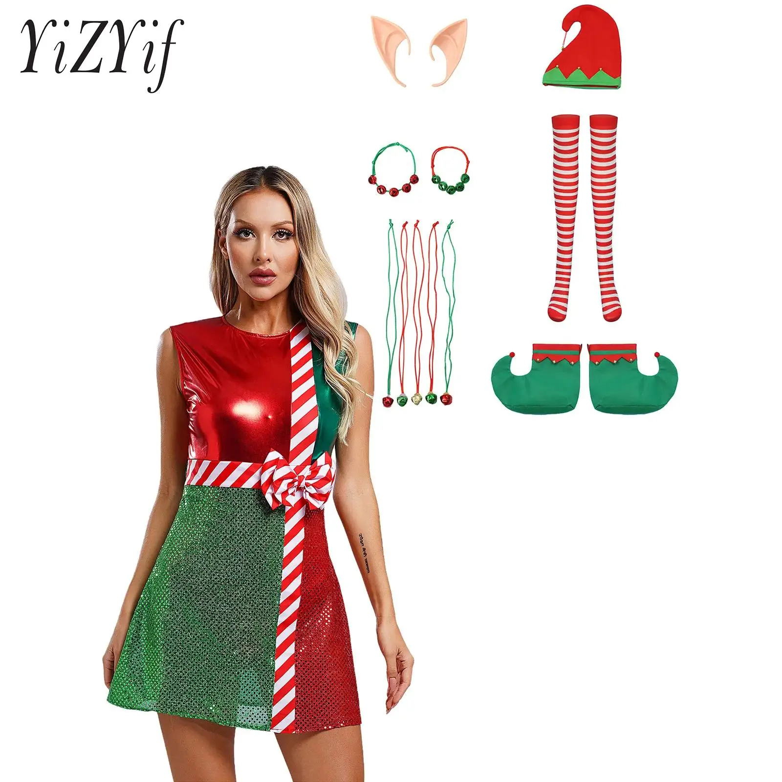 7 шт. женский рождественский костюм платье без рукавов с блестками и бантом шляпа