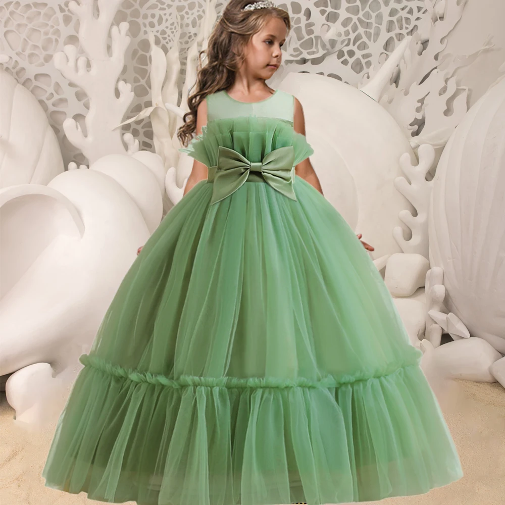 

Elegant Girl Princess Party Dresses For Kids Costume Pink White Tulle Bow Bridemaids Dress Lace A-line Wedding Tutu Gown Vestido