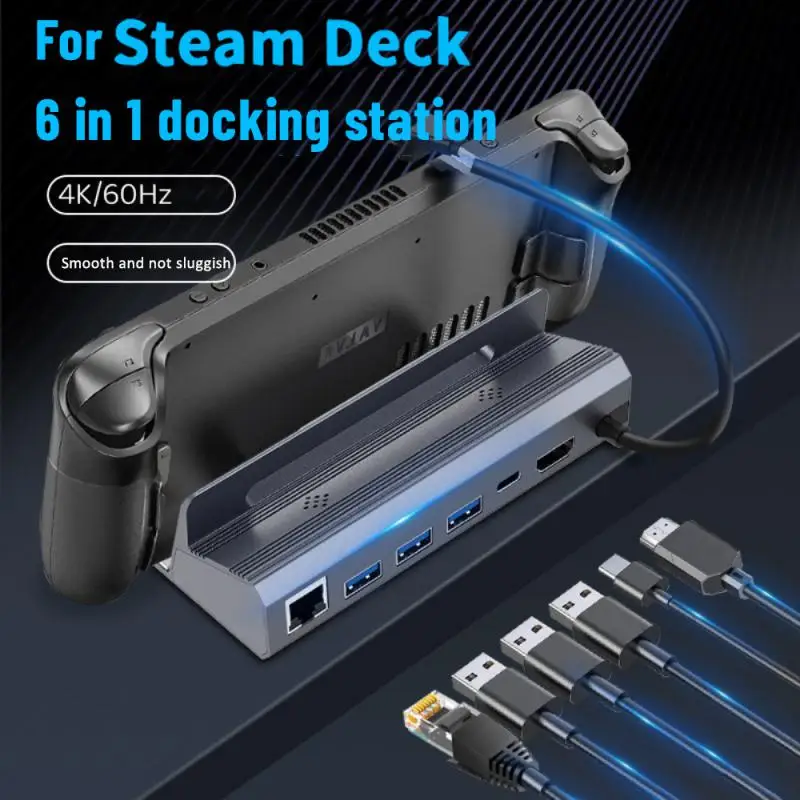 

6 In 1 Docking Station For Steam Deck Dock TV Base Stand USB C To 4K@60Hz 1000M RJ45 PD USB 3.0 HUB Laptop Accessories