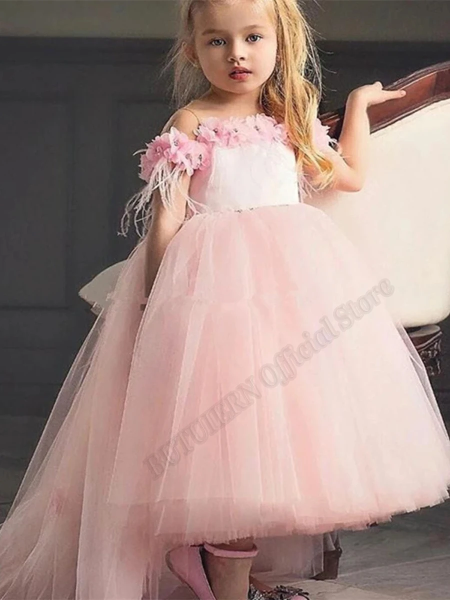 

Pink Lace 3D Flowers Princess Flower Girl Dress Train With Big Bow Baby Girls Birthday Wedding Party Dresses Costumes Customised