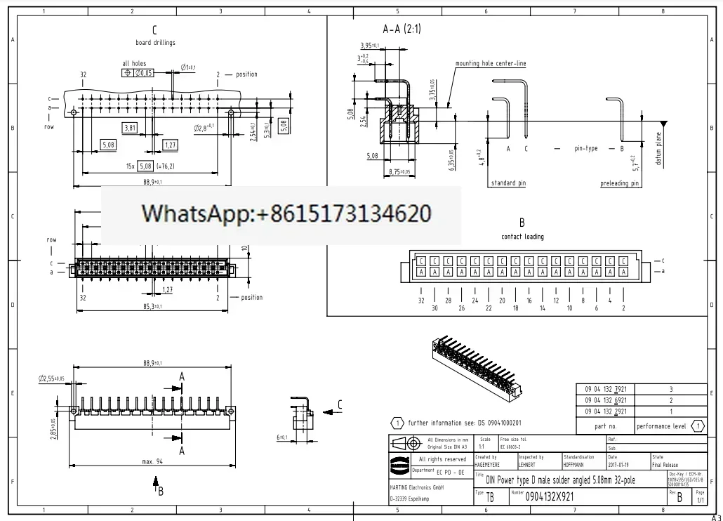 10 шт. HARTING 09041322921 6A32 pin Штекерный разъем способ волновой пайки проводки изогнутый