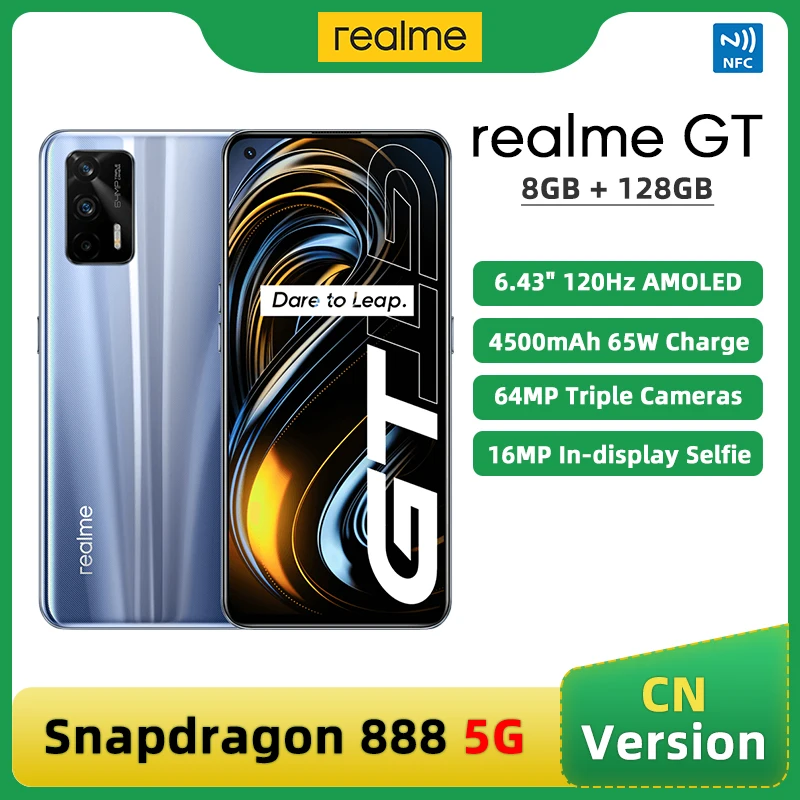 

Original realme GT 5G Mobile Phone 8GB 128GB 6.43'' Super AMOLED Display 120Hz Snapdragon 888 64MP Triple Cameras 4500mAh 65W