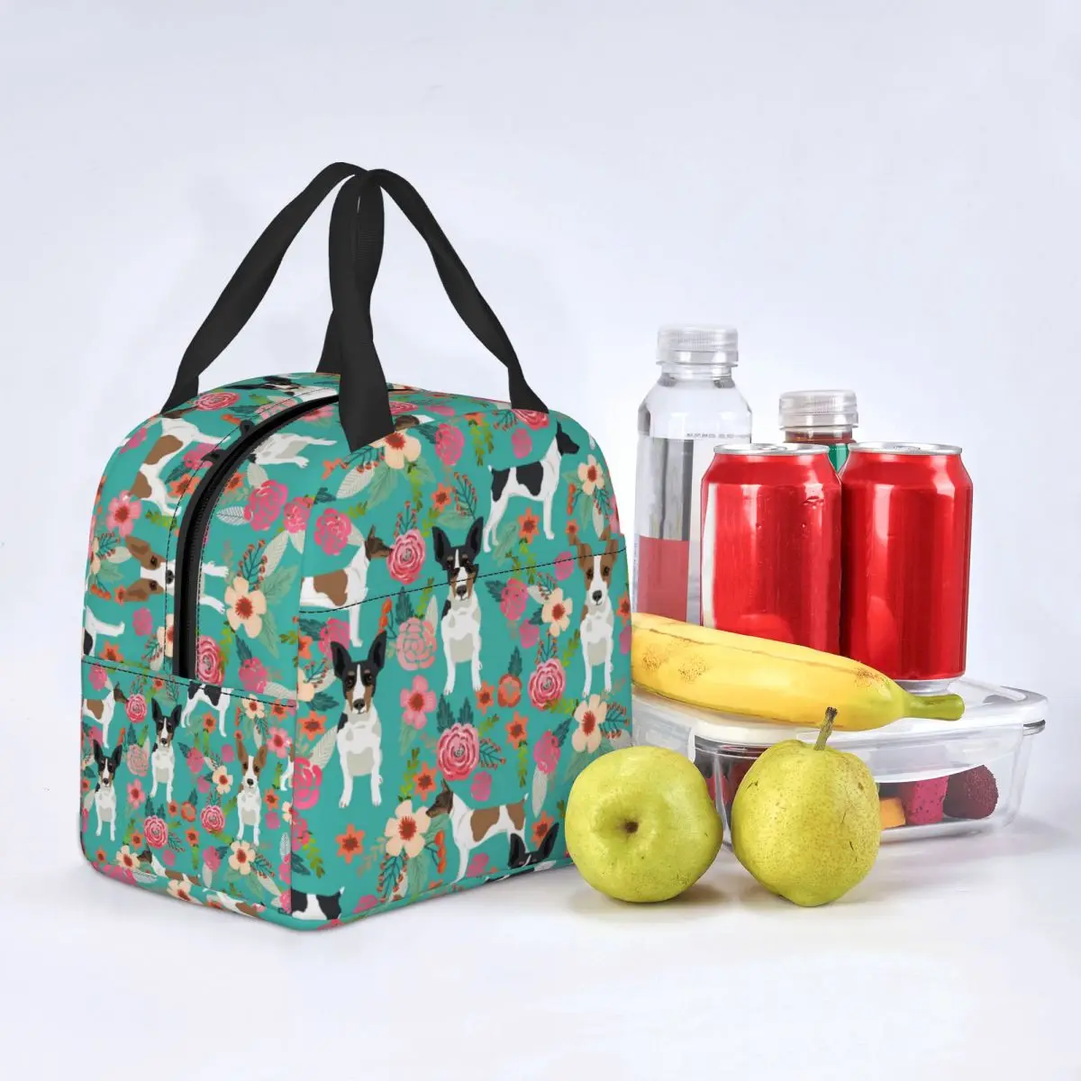 Rat Terrier Dog Florals Lunch Bag Portable Insulated Canvas Cooler Bag Animal Thermal Cold Food Picnic Lunch Box for Women