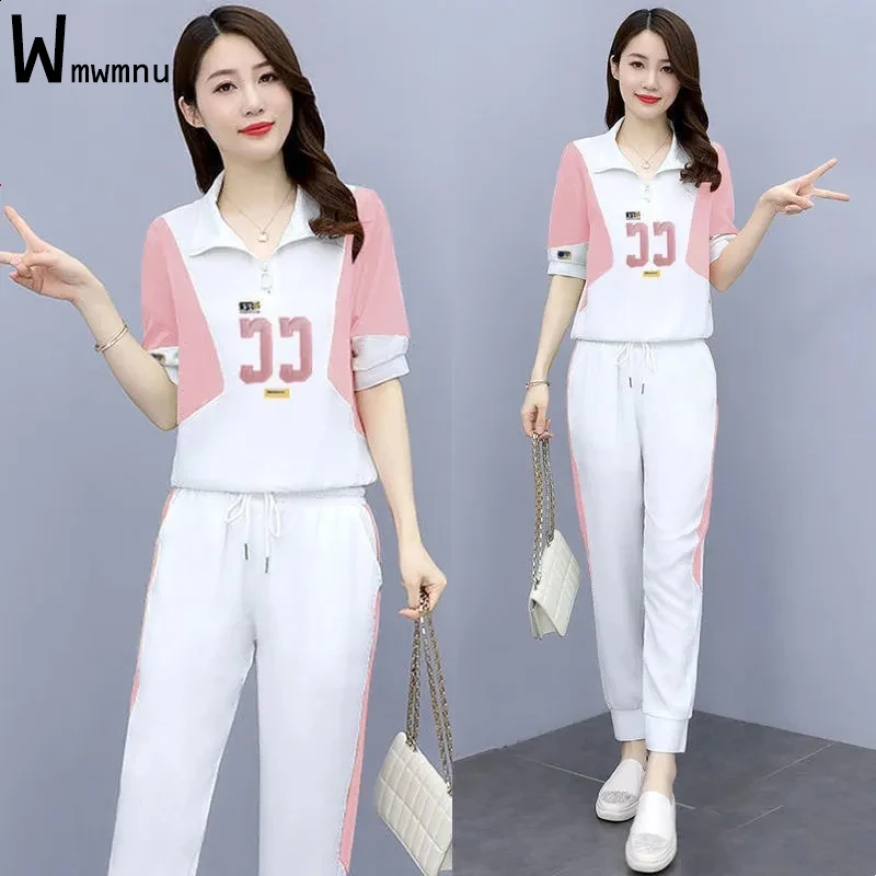 

Spliced Letter Embroidery Women Two Piece Sets Summer Ladies Short Sleeve Zipper Pullover Tops+Jogging Capris Pants Tracksuit