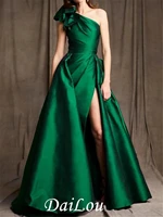 minimalist sexy high split engagement formal evening dress a line floor length satin with bows ruched slit
