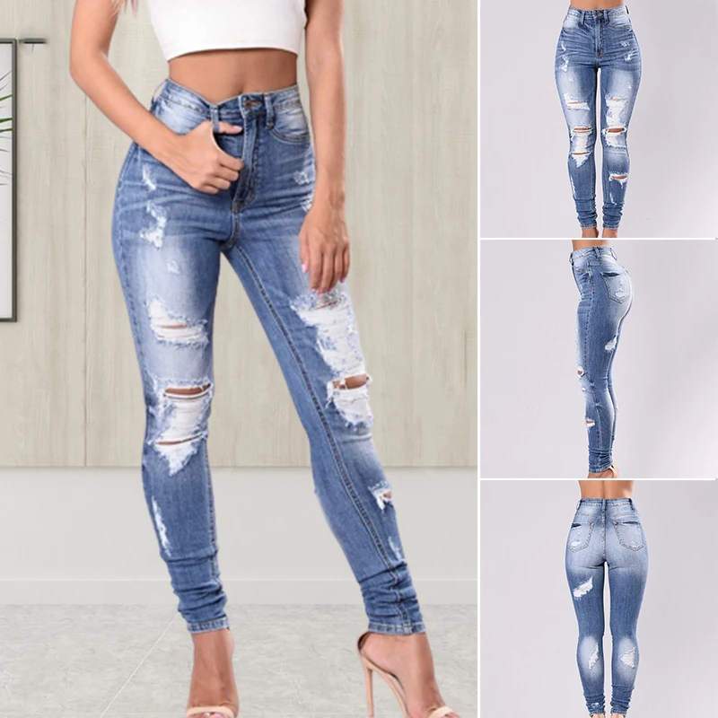 

New Women's Jeans Butt Lifting High Waist Skinny Pants Ripped Wear Style Denim Pants Slightly Stretchy for Daily