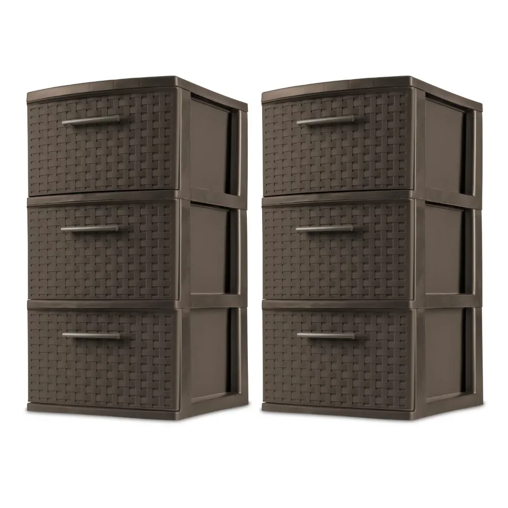 

3 Drawer Weave Tower Plastic, Espresso, Set Of 2