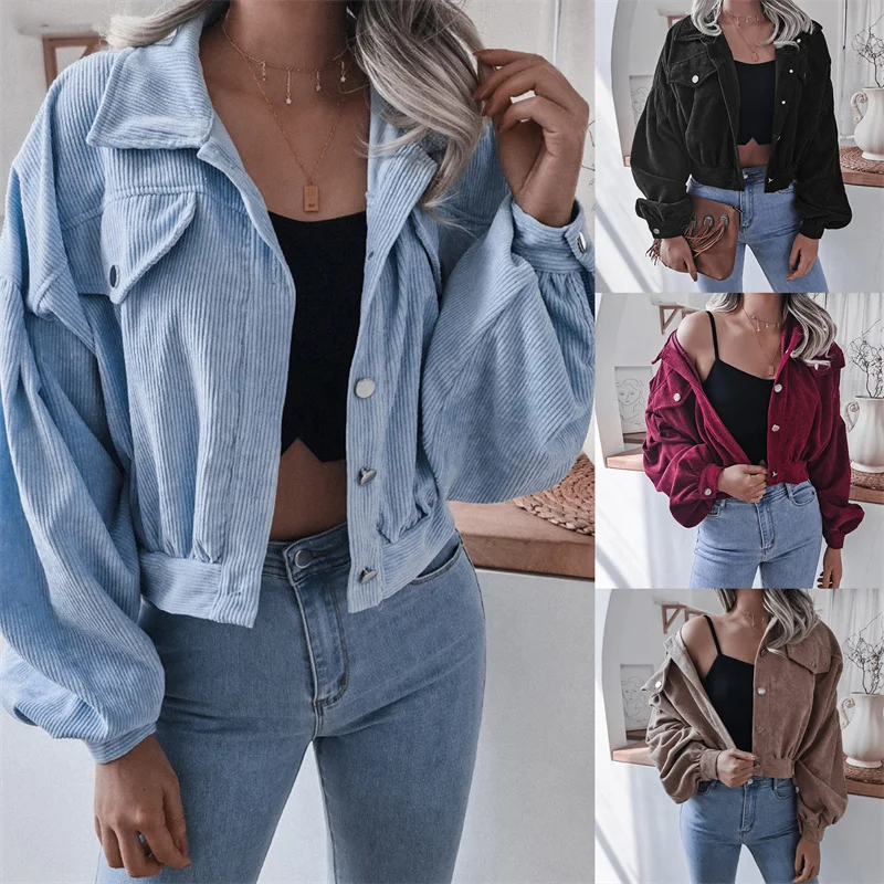 

Женская Вельветовая короткая куртка с длинным рукавом-фонариком и отложным воротником