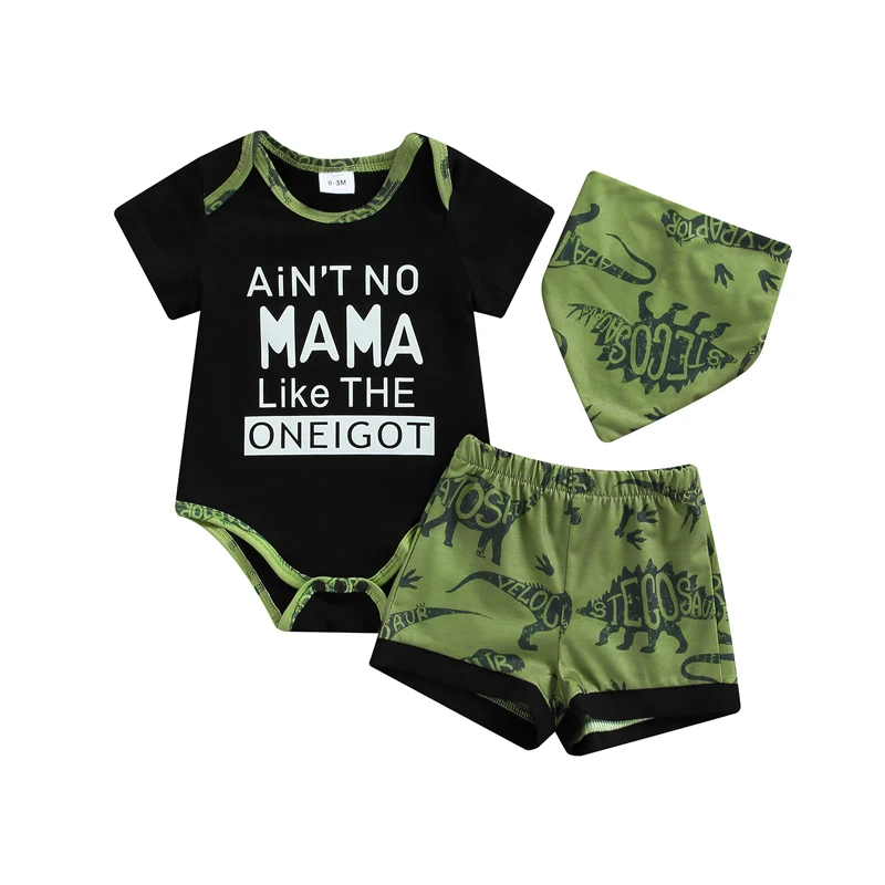 

3Pcs Baby Boys Romper Suit 2022 Short Sleeve Letters Snap Romper+ Dinosaur Short Pants+ Triangle Bib Newborn Infant Oufits Set