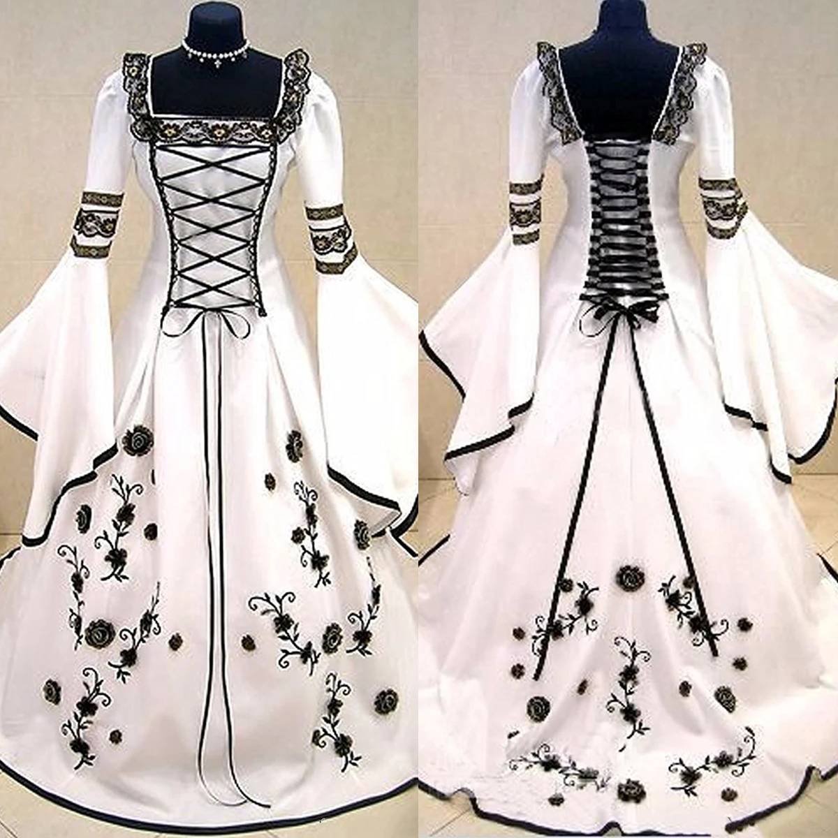 

Black And White Gothic Wedding Dresses Victorian Bridal Gowns Lace Applique Square Neck Corset Vintage A Line Bride Dress Custom
