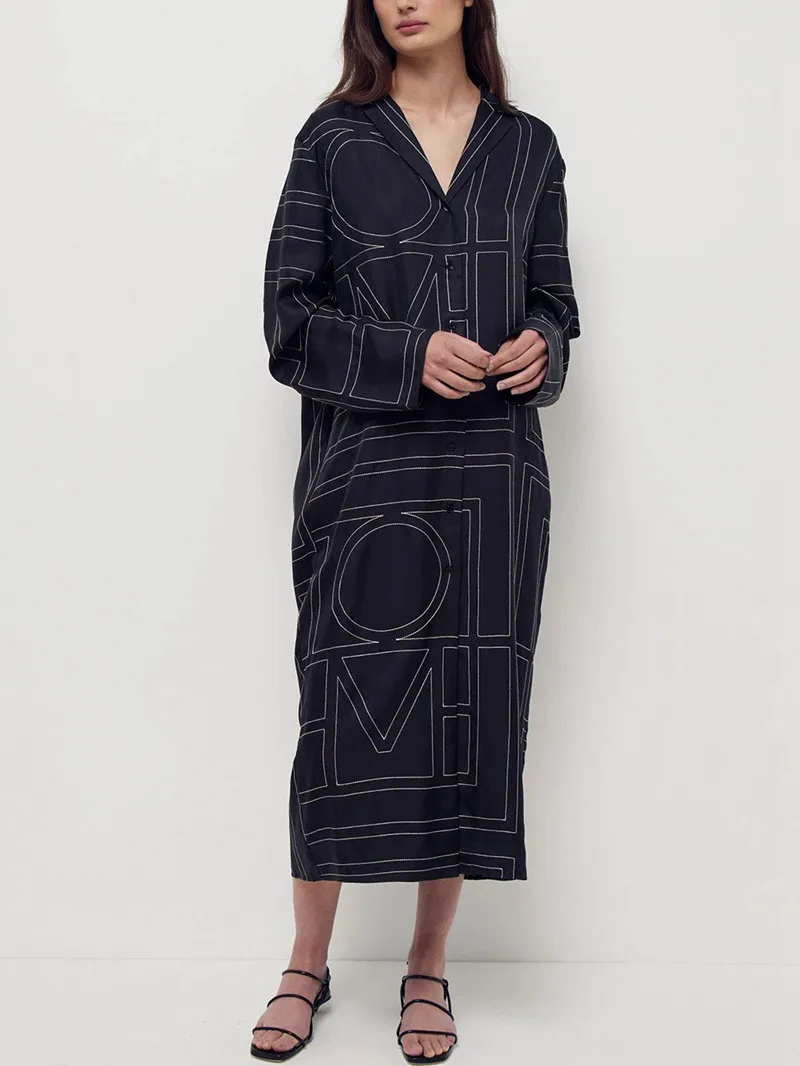 

Women's Shirt Dress Geometric Long Sleeve Single Breasted Casual Robe