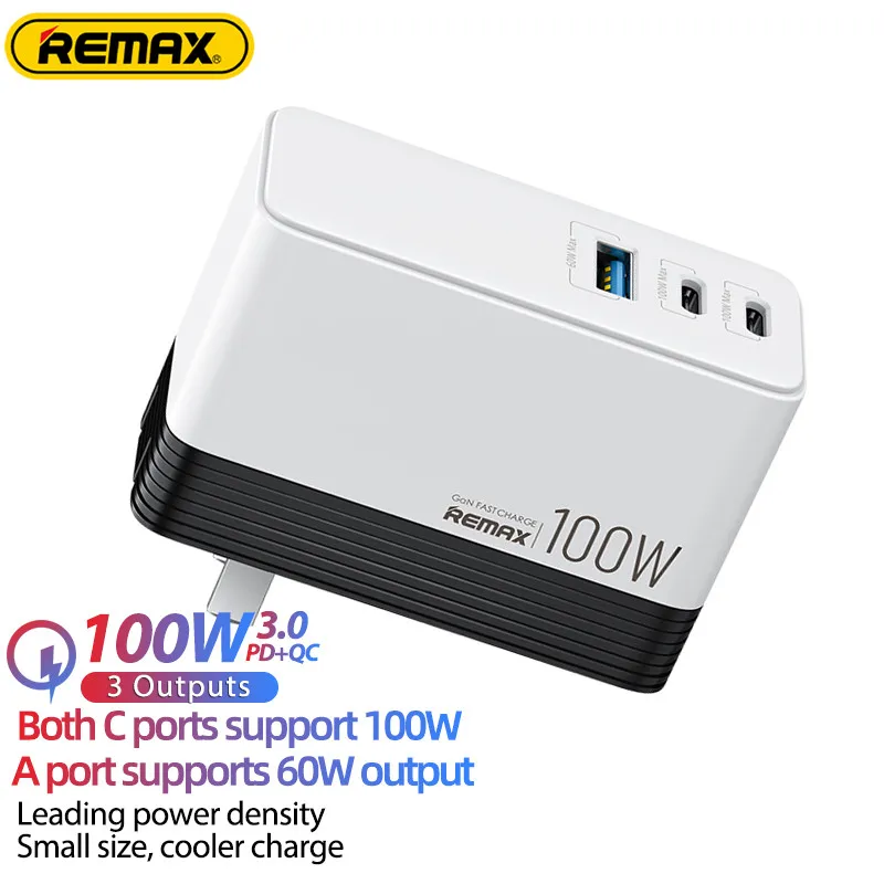 Remax 100W Gan Fast Charger PD+QC Multi-compatible For Mac/iPad/iPhone/Samsung/Xiaomi/HP/Tablet/Laptop 2C1A Output Mini Foldable