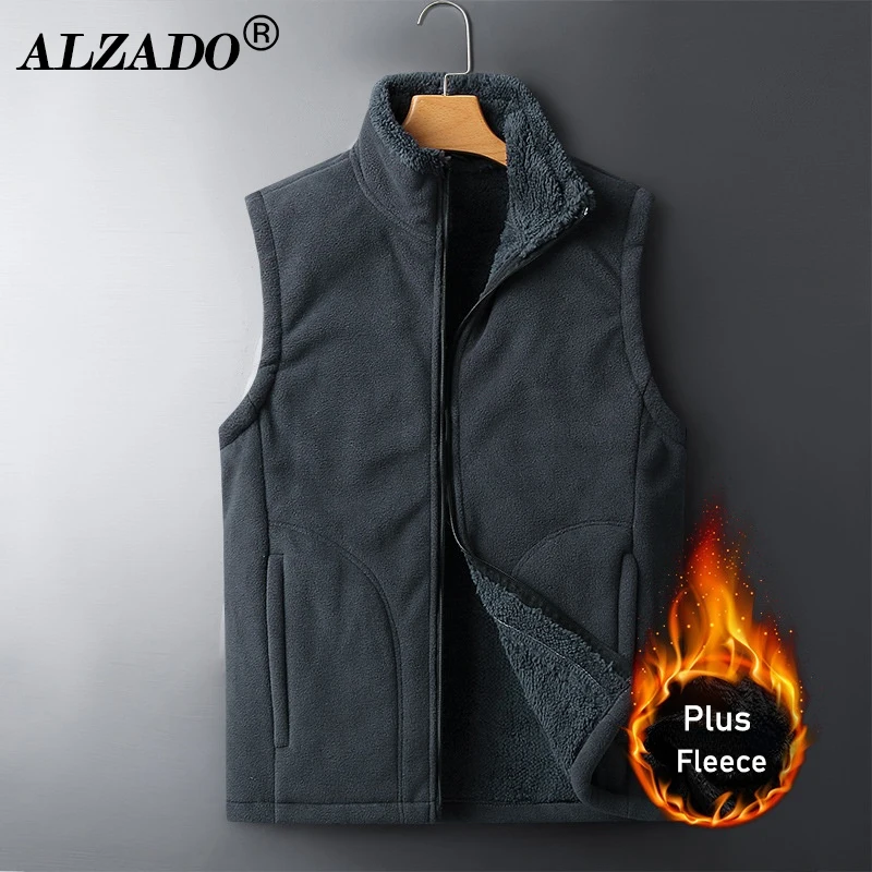 

ALZADO Brand Autumn Winter Men's Plus Velvet Vest Coat Solid Color Fleece Waistcoat Thick Warm Soft Zipper Vest Jacket Male 8XL
