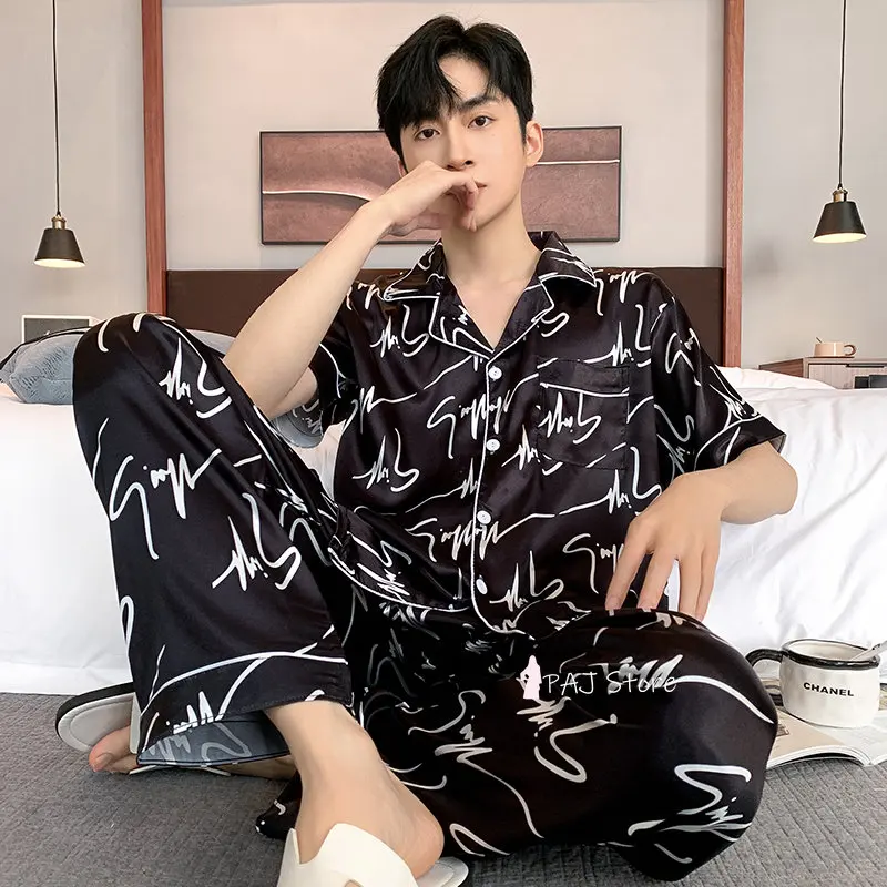 Men Sleepwear Silk Satin Pijama Set Pajama Sets Short Sleeve Sleep Home Clothes Man 2 Pieces Sets Home Suits Pyjamas L-5XL