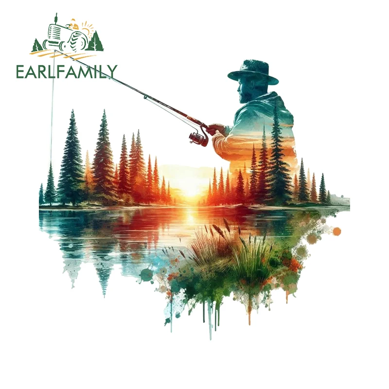 

EARLFAMILY Рыбалка Озеро Лес Графика Автомобильные наклейки Крутая личность Пейзаж Силуэты Наклейки на автофургон Защита от царапин Автомобильные товары