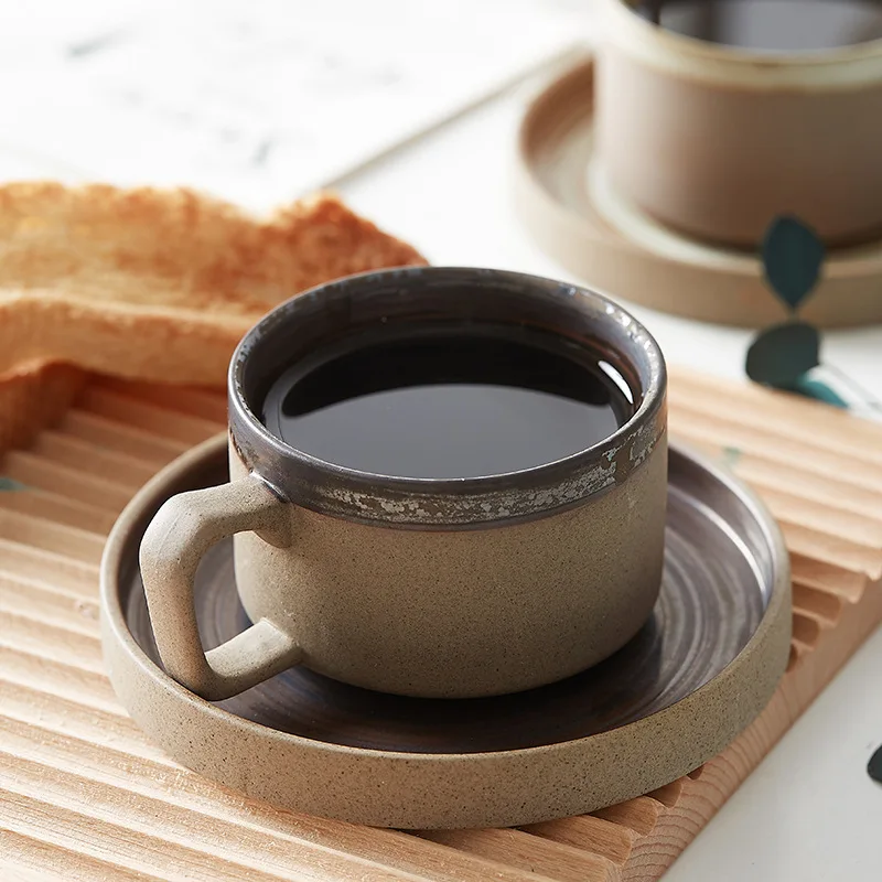

Japanese Coarse Ceramic Coffee Cup with Plate Mug Coffee Shop Ceramic Cup
