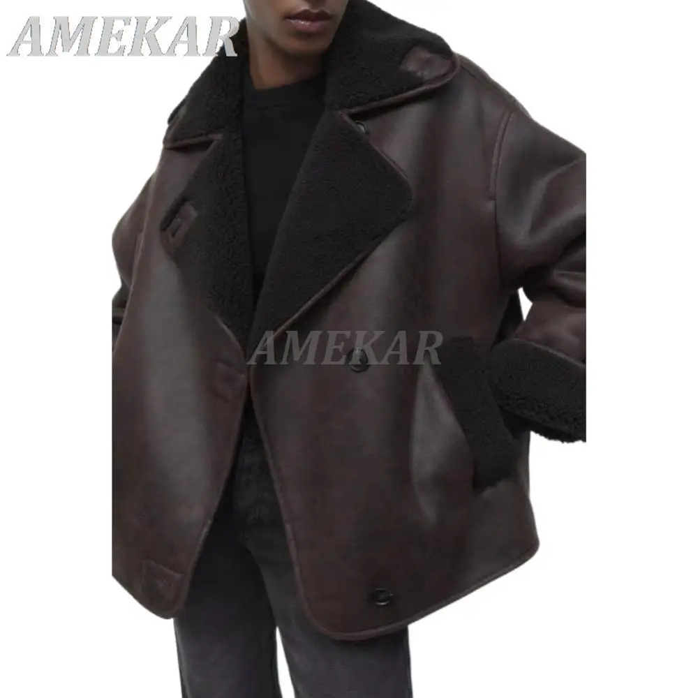 2023 Women's Winter Vintage Lambswool Lapel Jacket Faux Leather Thick Warm Asymmetry Coats Ladies Biker Outwear Casual Top Mujer