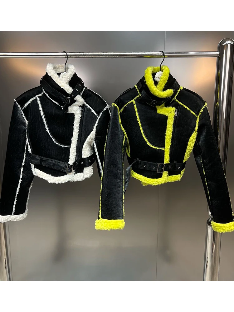 

Женская куртка с воротником-стойкой, зимняя Дизайнерская куртка контрастных цветов с длинным рукавом, мотоциклетная Меховая куртка, 2022