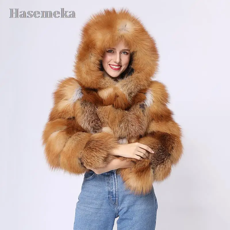 

Free Shipping Winter Women Cropped Fashion Sexy Hooded Real Fox Fur Coat