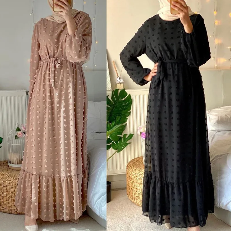 Vestidos De Verano Para Mujer Middle East Muslim Robe Arabesque Elegant Women's Dress Lace Up Slim Casual Chiffon Dress 2XL