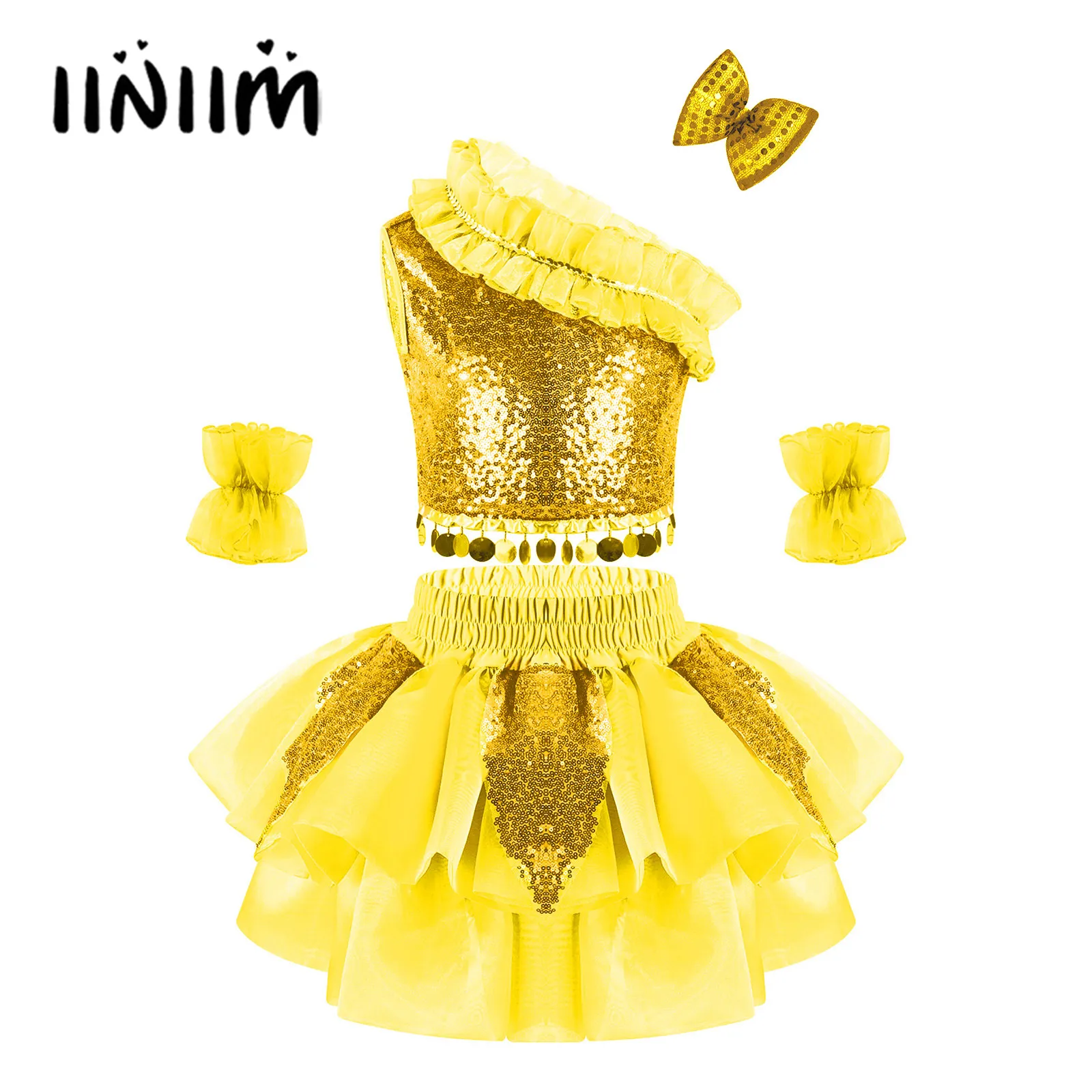 

Kids Girls Jazz Mordern Dance Dress Costume Shiny Sequin Oblique Shoulder Tops and Veil Skirt with Bowknot Hair Clip and Cuffs