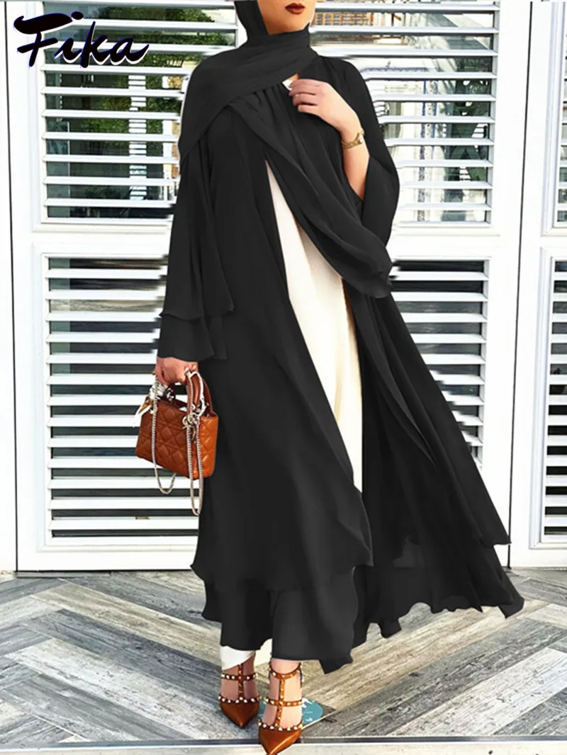 Chiffon Casual Solid Color Open Abaya for Women Muslim Loose Ethnic Style Long Robes with Belt Elegant Eid Dress Islami Clothing