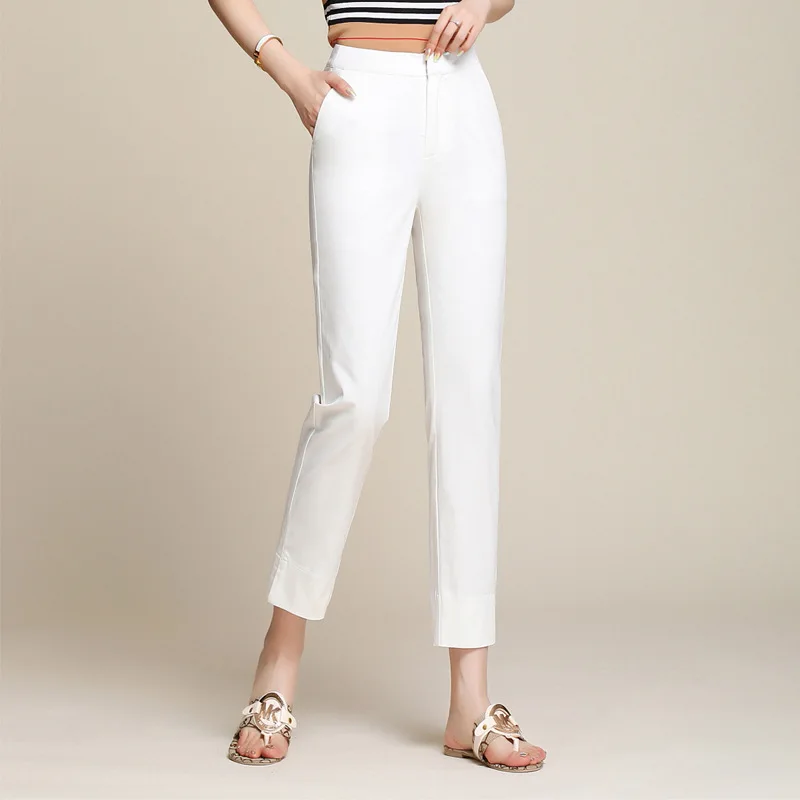 2023 New Spring Summer Women's Straight-leg Suit Pants Nine-point Cotton Pants White Casual Capris High-waisted Trousers