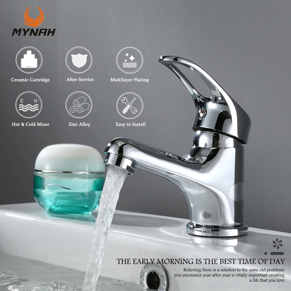 

MYNAH Sink Faucet Hot and Cold Water Basin Faucest Face Wash Tap Deck Mounted Basin Mixer Water Taps Chromed Faucet for Bathroom