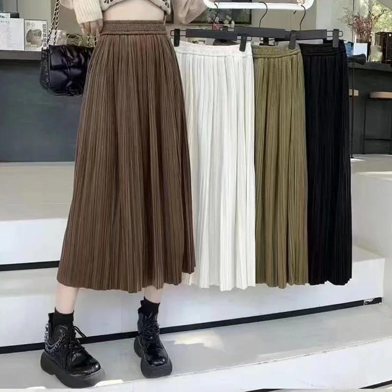 

Solid Color Velvet Midi Pleated Skirt Female High Waist Autumn Winter Vintage A Line Skirt for Women Korean Fashion Long Skirts