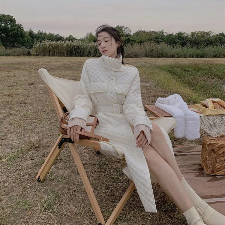 Winter Long Straight Coat Rhombus Pattern Casual Sashes Women Parkas Pockets Argyle Long Plaid Bubble Jacket Indie Vintage Coat