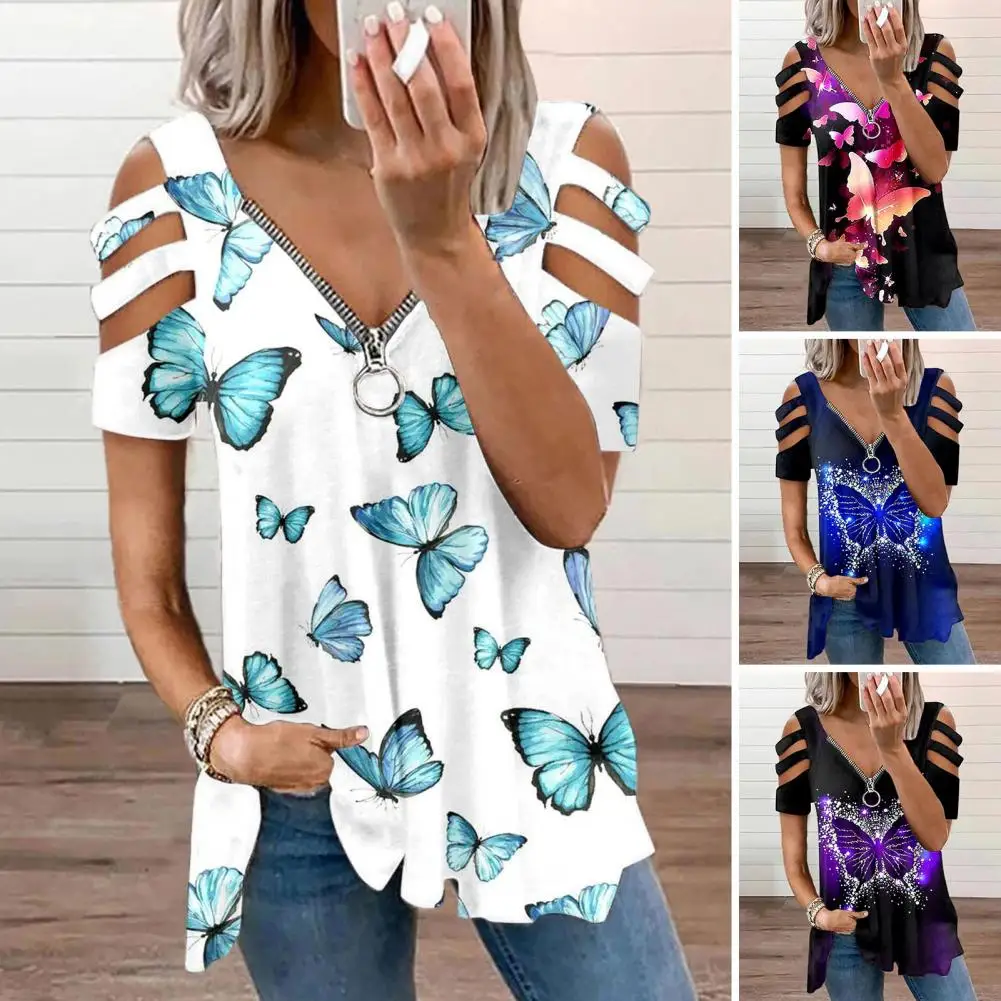 

Women Shirt Vintage V-Neck Zipper Tee Shirt Top Lady Summer Short Sleeves Butterfly Print Shirt For Daily Wear