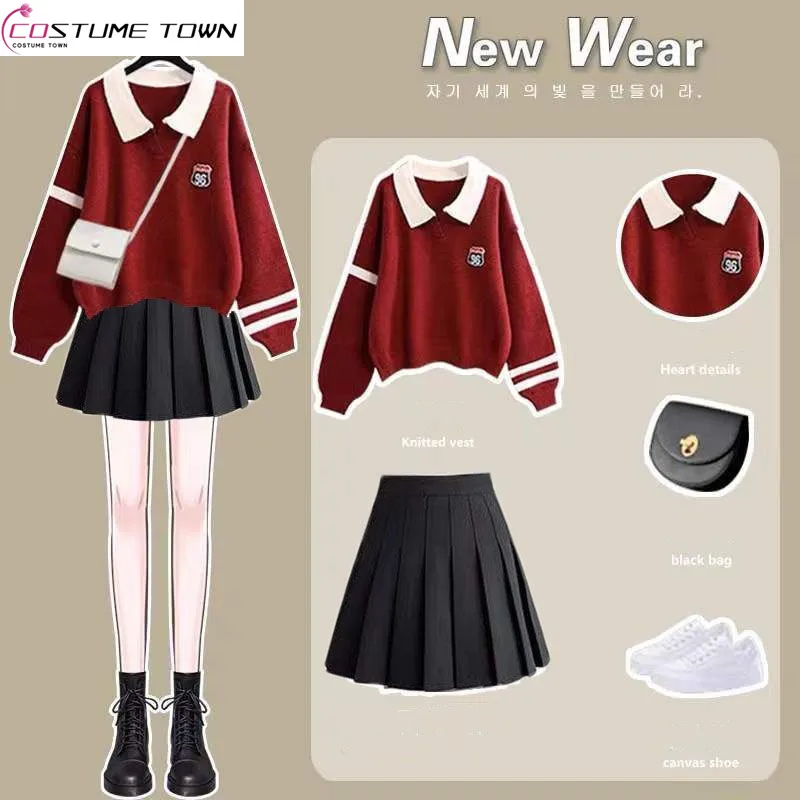 Sweetly Wear a Full Set of Korean Version Loose Fitting College Style Knit Polo Neck Sweater+pleated Skirt Two-piece Suit