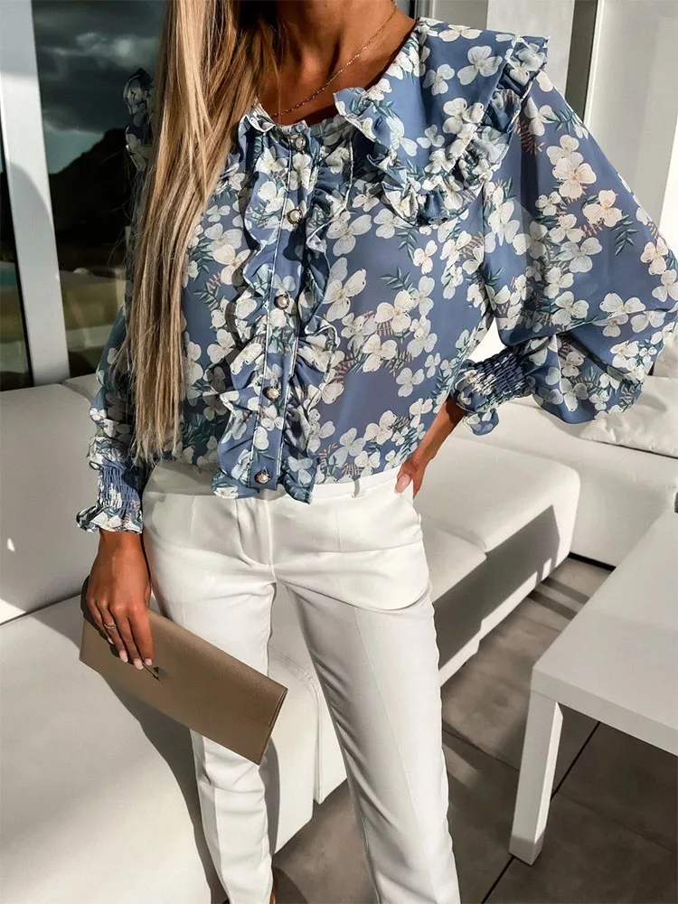 

Women Elegant Floral Printed Chiffon Tops New Fashion Ruffle Button Long Sleeve Blouse Summer Spring Casual O Neck Shirts Blusa