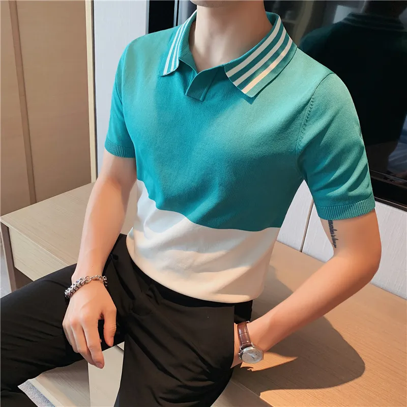 

British Style Summer New Splicing T-shirt Men Short Sleeve V Neck Polo Shirt High Quality Mens Slim Business Casual Tee Tops