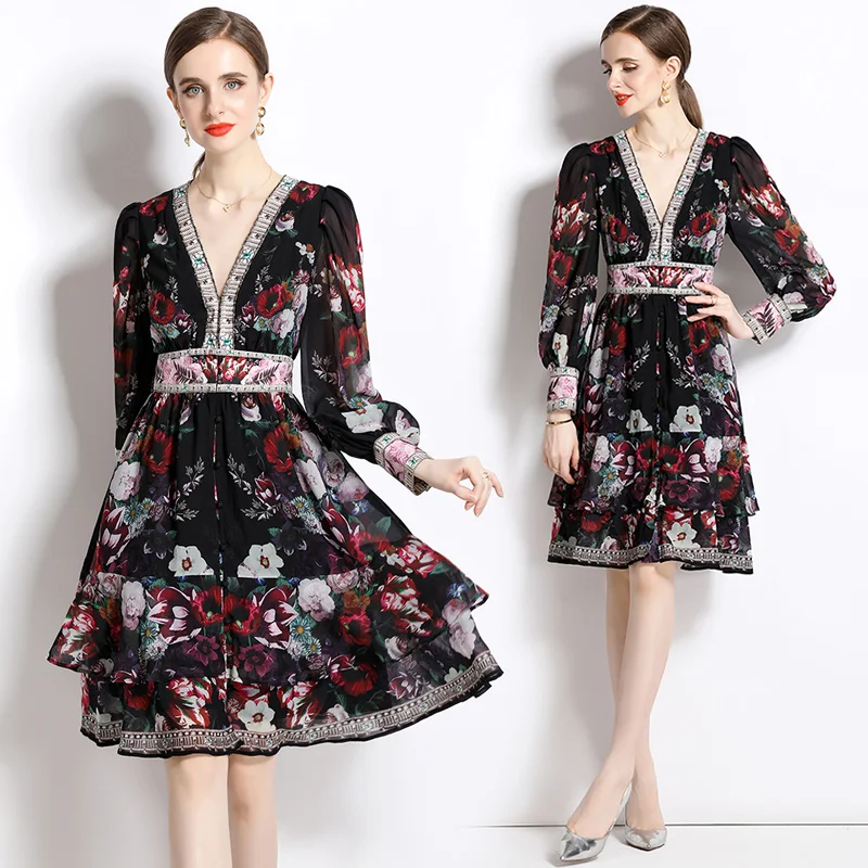 

Women's Spring/Summer New High End Style Deep V-neck Lantern Long Sleeve Single Breasted Wave Edge Printed Fashion Dress