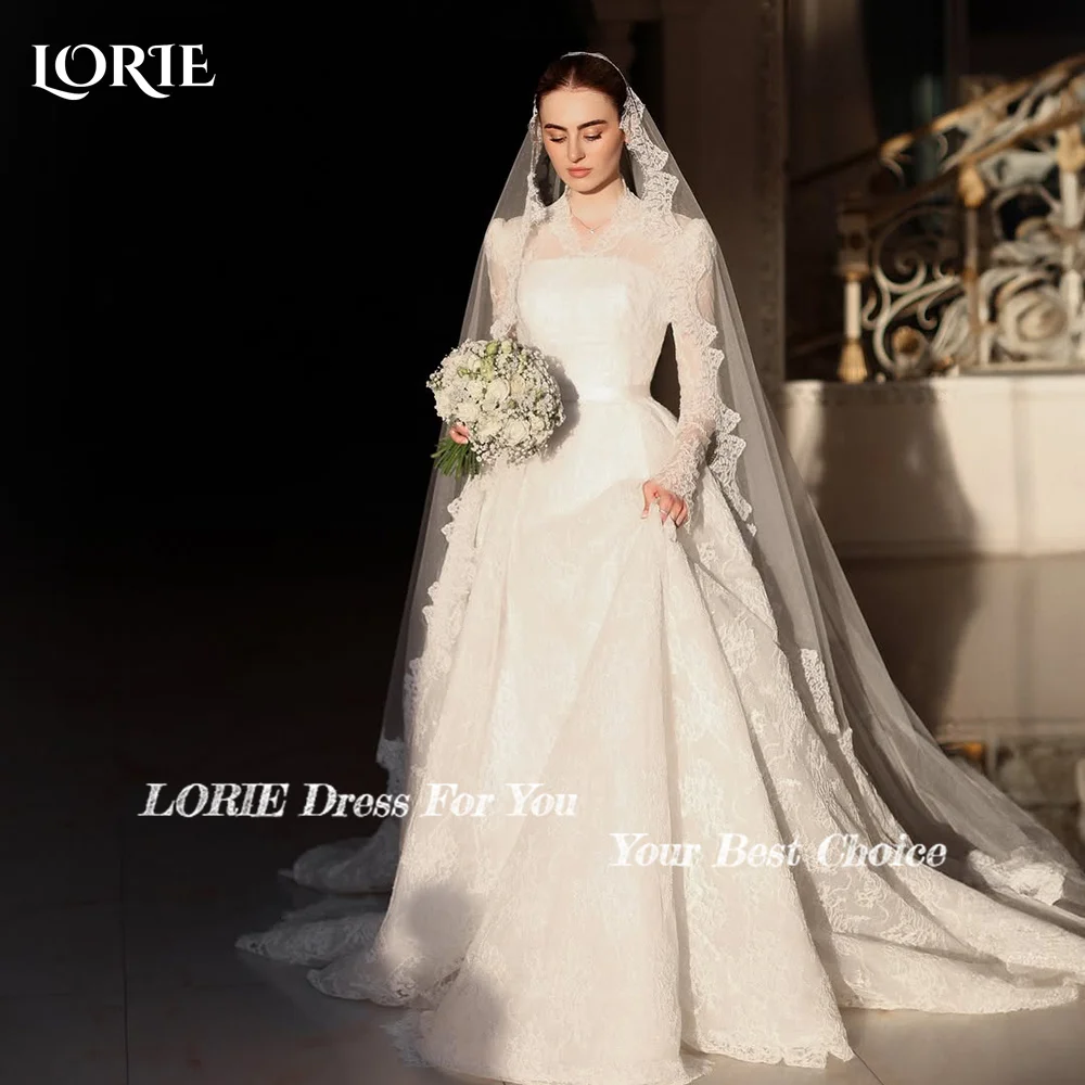 LORIE винтажное кружевное свадебное платье с высоким воротником трапециевидной