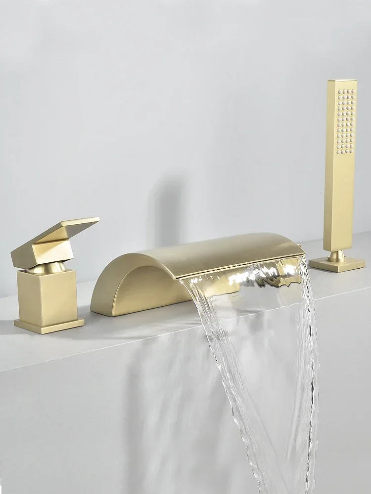 

Bathtub Faucet Cylinder Side Golden Copper Bathtub Waterfall Black Hot and Cold Double Control Bathroom Shower Faucet