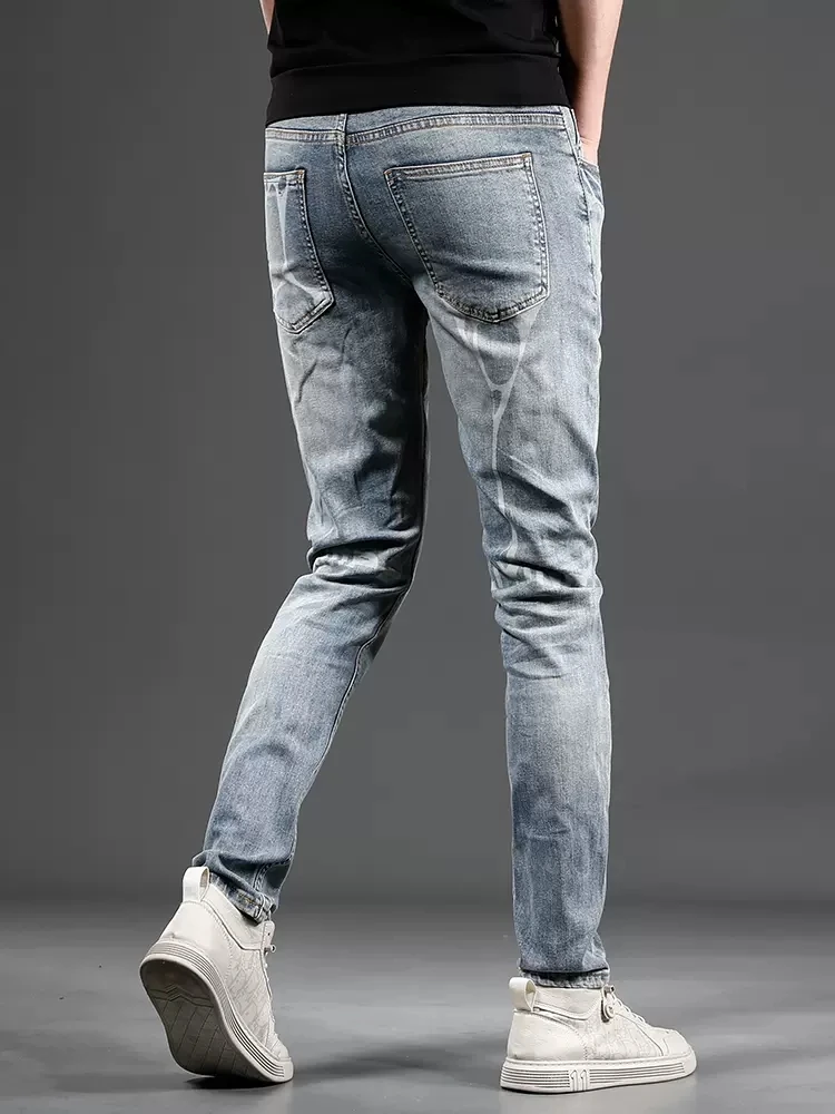 Casual Light Blue Men's Jeans Summer Fashion Printed Slim Fit Straight Denim Pants CP2270