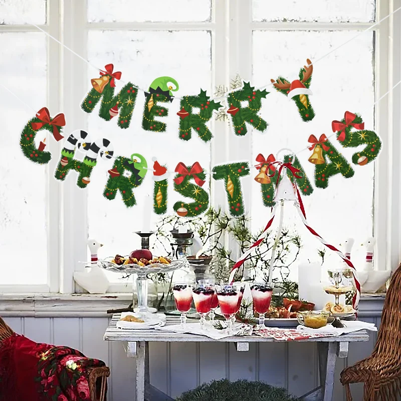 

1set Christmas Happy Santa Claus Pull Flag Paper Snowman Cartoon Flag Pulling Christmas Atmosphere Party Decor DIY Accessories